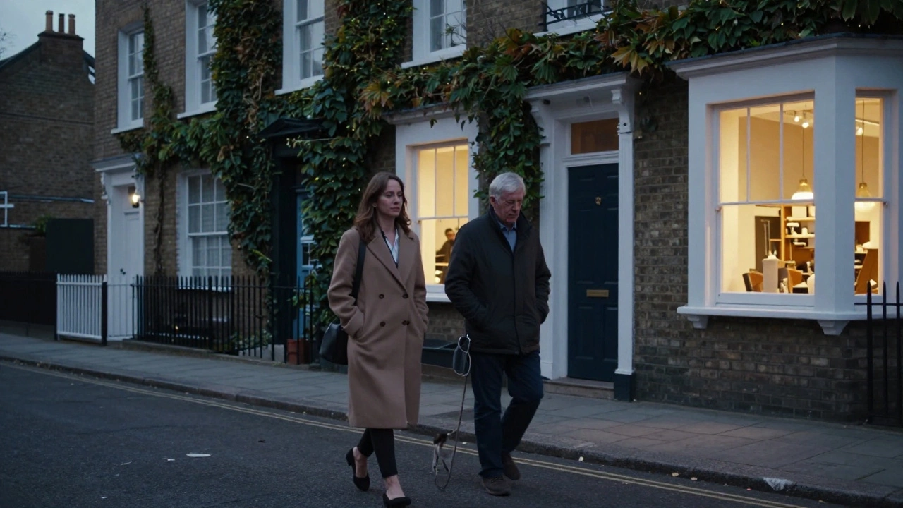 A woman and man walk silently together in a twilight North London street, sharing peaceful, unspoken connection.