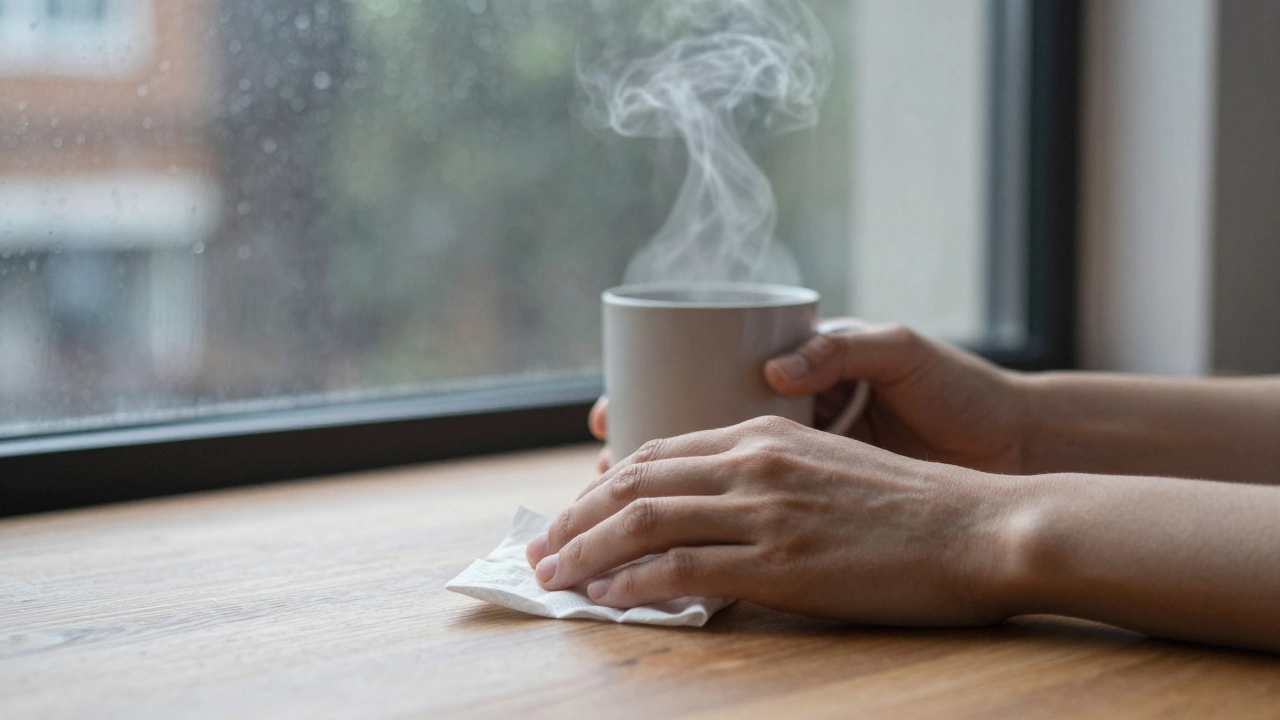 Hands placing a tissue and holding a mug, symbolizing quiet emotional support in a rainy city window.
